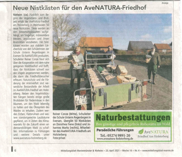 Mitteilungsblatt für Marienmünster und Nieheim vom 23.04.2021 zur Übergabe von 50 Nistkästen an AveNATURA – Friedhof am Holsterberg